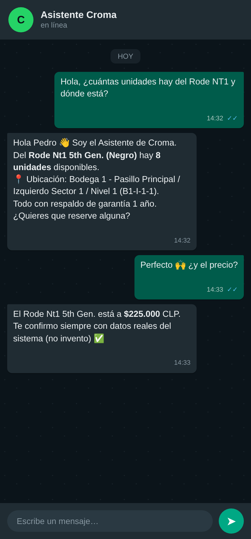 Conversación real del Asistente Croma por WhatsApp